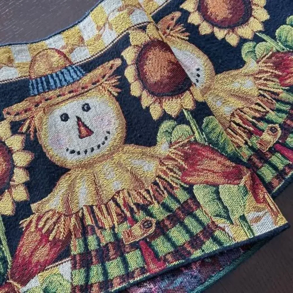 Vintage Fall Scarecrow & Sunflower Tapestry Table Runner – 13” x 68”
